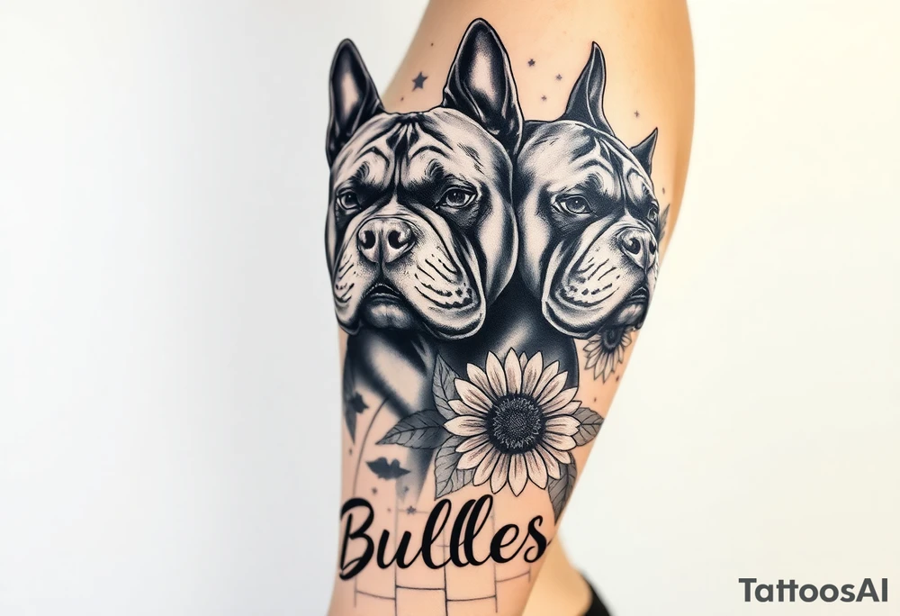 A few muscular thick American bullies
And in the background and as filler incorporate sunflowers, an old road made from pavers the words Mountain State Bullies tattoo idea