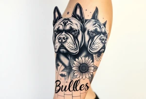 A few muscular thick American bullies
And in the background and as filler incorporate sunflowers, an old road made from pavers the words Mountain State Bullies tattoo idea