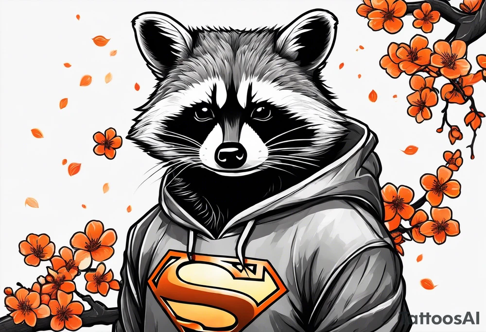 raccoon wearing a black and white Superman hoodie and orange Japanese cherry blossoms tattoo idea