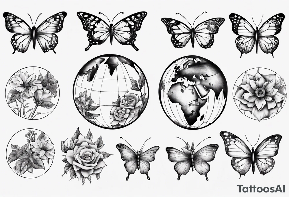 Butterflies and flowers in a globe tattoo idea