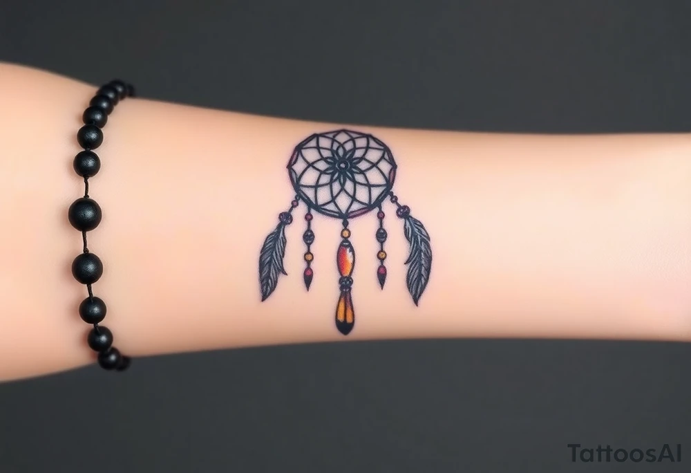 native dreamcatcher with flowing feathers and sacred beads tattoo idea