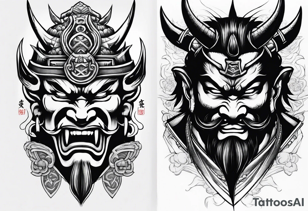 samurai and oni mask leg sleeve tattoo idea