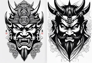 samurai and oni mask leg sleeve tattoo idea