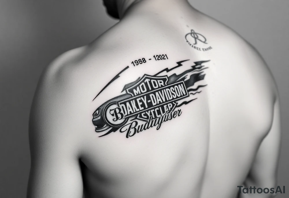 An arm tattoo with the original Dale Earnhardt car on it with the year 1958 to 2021 intertwined with a Harley-Davidson with a Budweiser logo on it tattoo idea