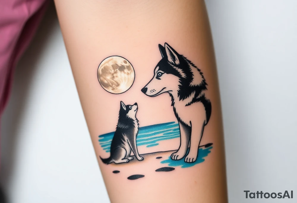 smALL HUSKY LOOKING AT A TRIBAL MOON STANDONG IN THE SAND IN THE SEA WITH THE CONSTALATION OF SAGITARIUS PUT COLOR ADD ARROW tattoo idea
