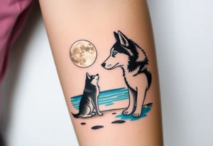 smALL HUSKY LOOKING AT A TRIBAL MOON STANDONG IN THE SAND IN THE SEA WITH THE CONSTALATION OF SAGITARIUS PUT COLOR ADD ARROW tattoo idea
