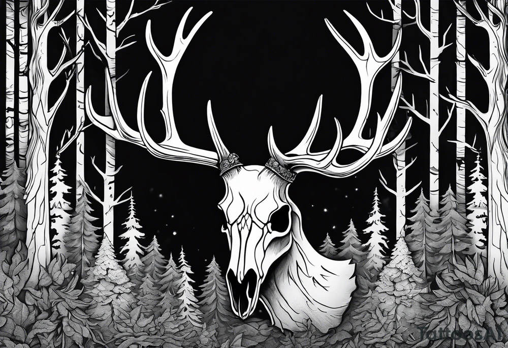 A SCARY side view of a decayed deer skull NO SKIN JUST BONE surrounded by a forest fire in background tattoo idea