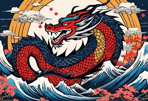 Nakama, painted in traditional Japanese calligraphy style, with Japanes dragon intertwined, flying through the empty spaces of the paint strokes tattoo idea