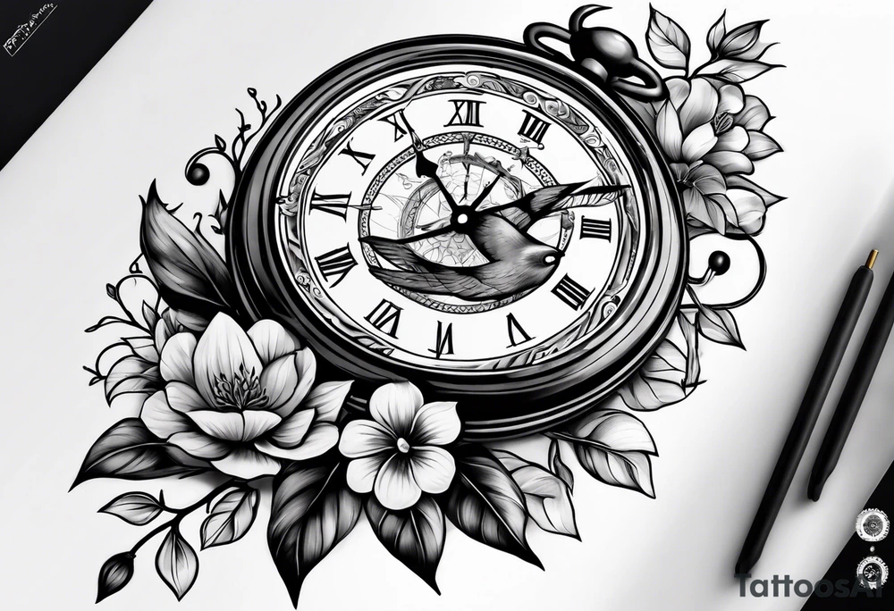 black and grey composition of three elements, 1), combination old school pocket watch and nautical compass, 2) a tree of life and 3) a doctor bird, connected together by lignum vitae flowers, on the arm 3/4 sleeve tattoo idea