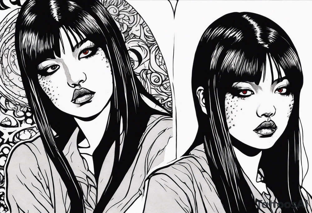 portrait of tomie a character by the horror author junji ito full body standing menacingly.  a mole below her left eye.  add more horror and gore elements tattoo idea