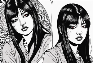 portrait of tomie a character by the horror author junji ito full body standing menacingly.  a mole below her left eye.  add more horror and gore elements tattoo idea