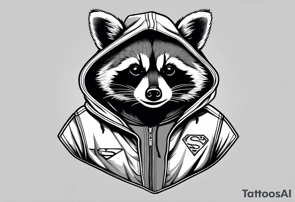 raccoon wearing a Superman hoodie tattoo idea
