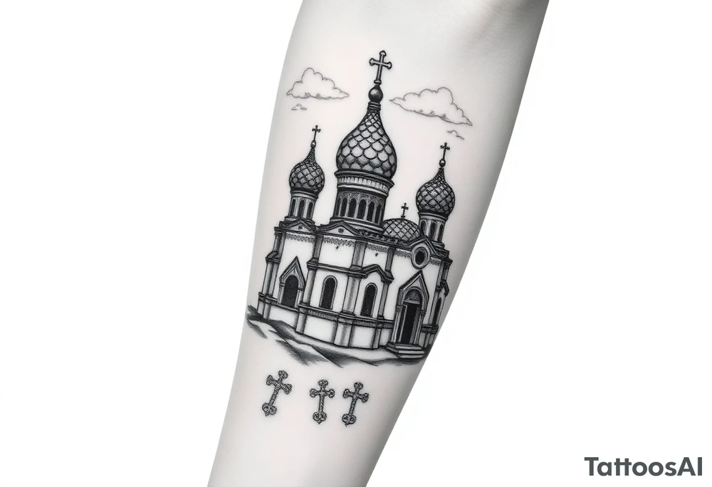 highly detailed Russian Orthodox cathedral sitting on fore arm with onion domes and orthodox crosses, done in fine line, engraving-like style. Cohesive composition, black ink only, no color, high contrast, slightly aged, documentary-style, plain light background. with clouds above it and a virgin mary over looking tattoo idea