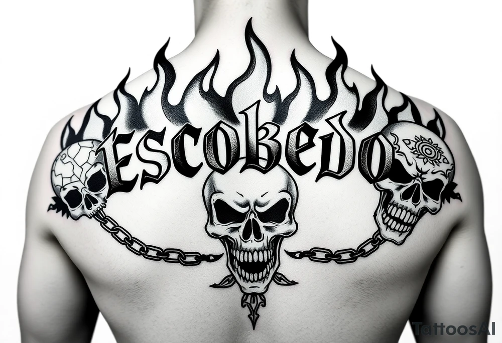 In the style of emo-gothic punk, a full upper back tattoo with the name 'Escobedo' in bold across the shoulders, untouched by surrounding elements. Black flame outlines rise behind the name, symmetrical and sharp, with no shading or grayscale. Chains loop through flame gaps in clean, flowing black lines. Cracked skull on the left shoulder blade, snarling skull in the center spine area, screaming or laughing skull on the right shoulder blade—each with Aztec or Chicano-style forehead patterns. All linework only, no color, stencil-ready, forming a halo of fire, death, tattoo idea