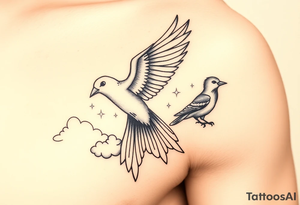 Dove and a blue jay, clouds, shining light to or from heaven tattoo idea