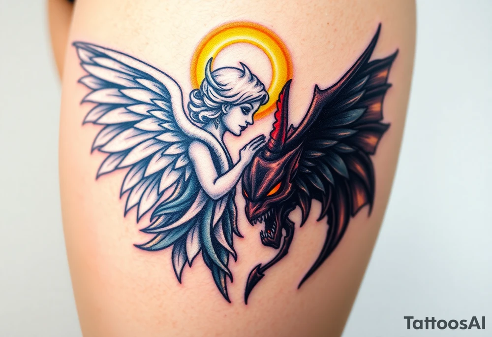 A radiant angel, with soft white wings and a glowing halo, surrounded by light, juxtaposed against a dark demon, with jagged black wings and fiery red eyes, symbolizing the ultimate conflict between good and evil. tattoo idea