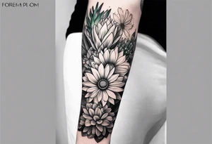 Forearm sleeve with cactus, daisies, and greenery tattoo idea