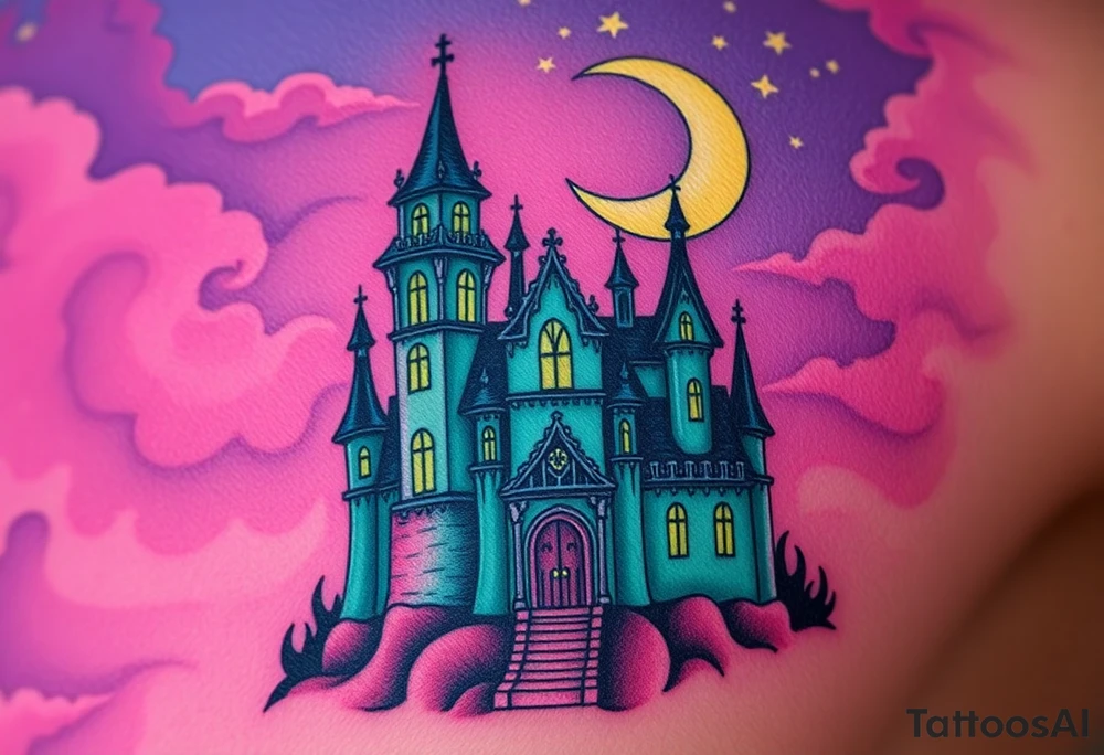 Tim Burton’s disney sleeping beauty’s haunted castle is abandoned and dripping with muted reds, dusty pinks, and eerie green glow.purple and cyan smokey clouds swirl in the crescent moonlit sky thats sprinkled with stars tattoo idea tattoo idea