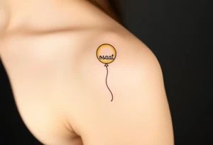 small yellow balloon with letters osaat on bicep tattoo idea