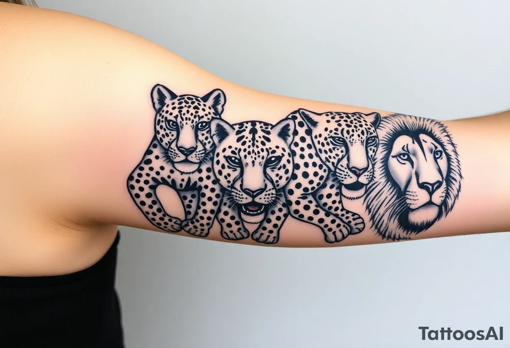 old school style montage of these 5 big cats:
a leopard , a cheetah , a jaguar, a black panther and a lion - as a wrap around bracelet style - about 3 inches each cat - on my upper right arm right above the elbow tattoo idea