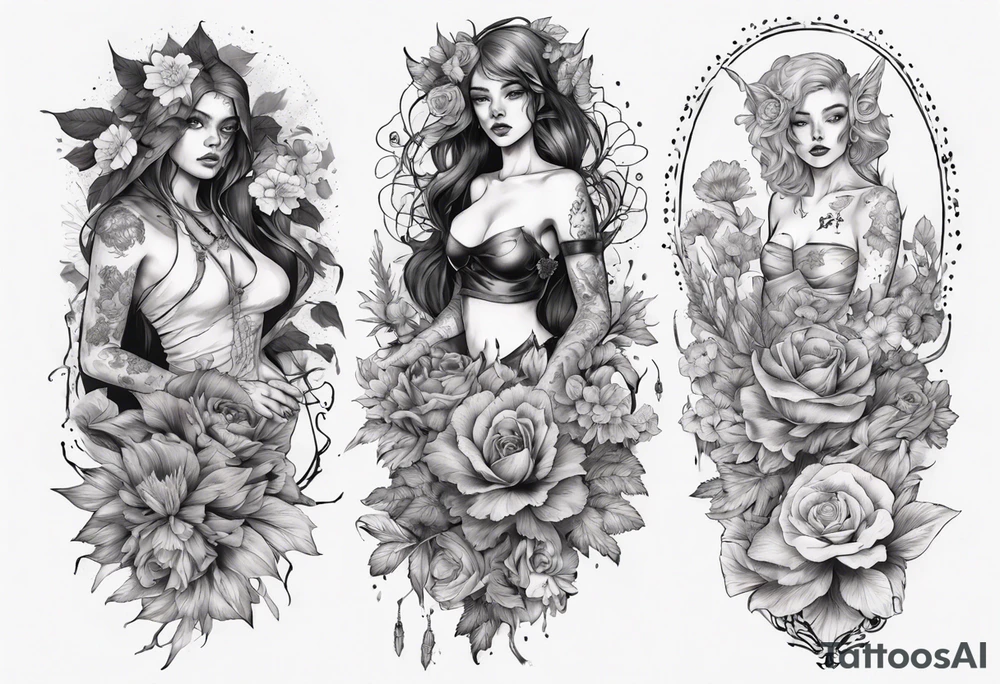 sleeve with many flowers around it and a dark elf girl tattoo idea