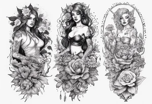 sleeve with many flowers around it and a dark elf girl tattoo idea