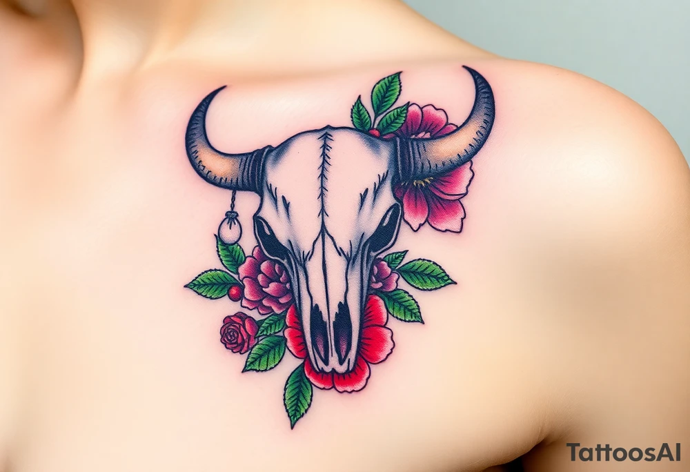 Buffalo or bison skull with flowers. Snow drop and red peony. Green holly with red berries, purple larkspur, red peony.  Colour. For upper arm or shoulder. tattoo idea