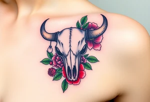 Buffalo or bison skull with flowers. Snow drop and red peony. Green holly with red berries, purple larkspur, red peony.  Colour. For upper arm or shoulder. tattoo idea