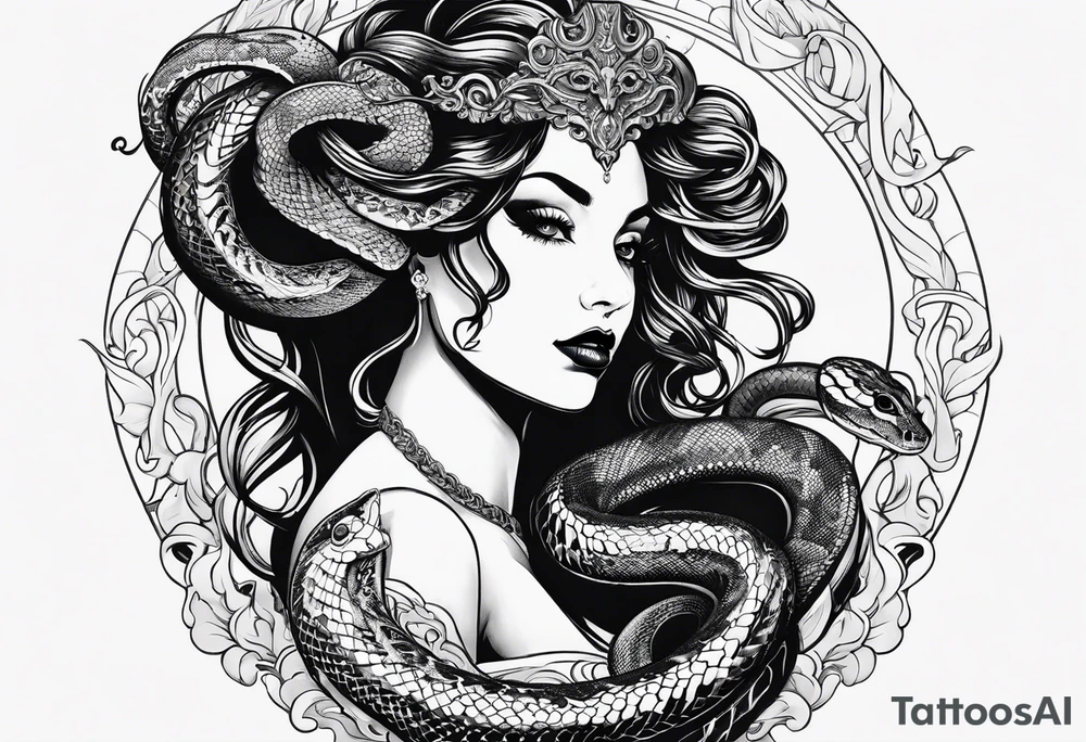 Gothic Medusa snakes lady head blackwork tattoo idea