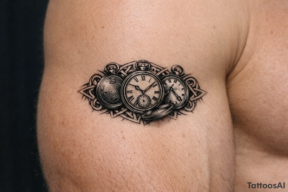 A trio of pocket watches, open and closed, framed by Celtic spirals. larger tattoo idea