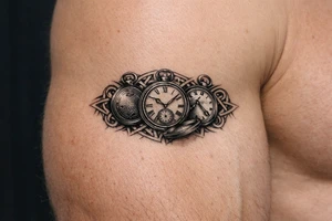 A trio of pocket watches, open and closed, framed by Celtic spirals. larger tattoo idea