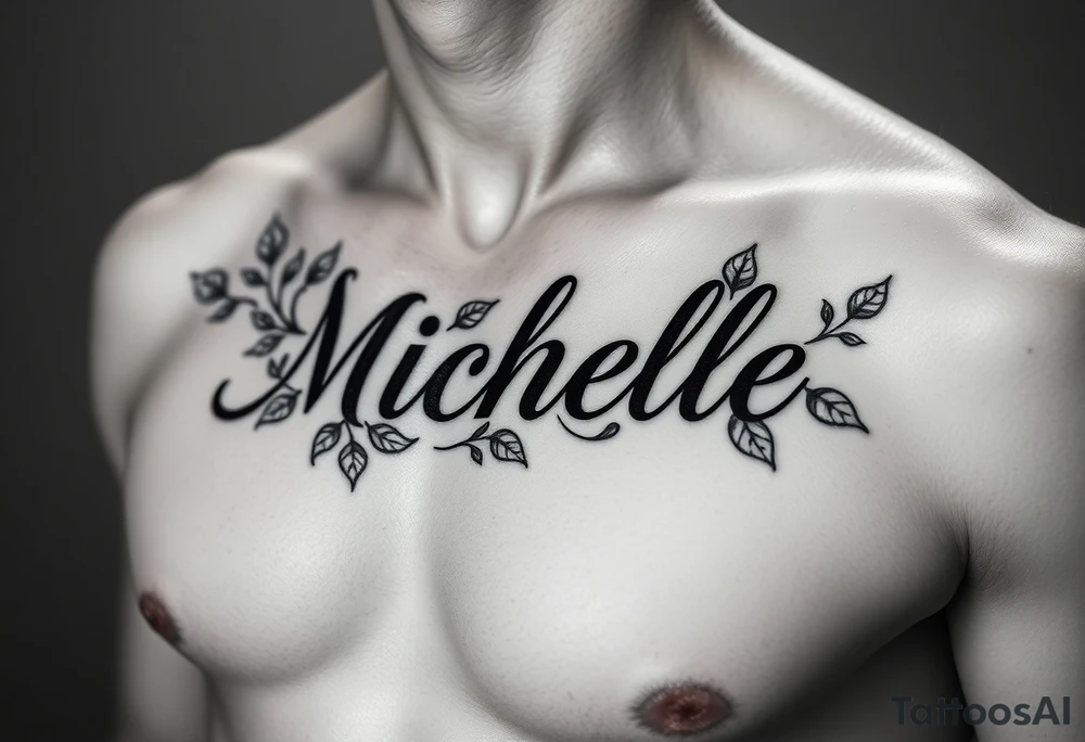 Create a tattoo on a man’s chest if a woman’s name Michelle. Place Ivy around the name tattoo idea