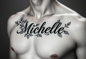 Create a tattoo on a man’s chest if a woman’s name Michelle. Place Ivy around the name tattoo idea