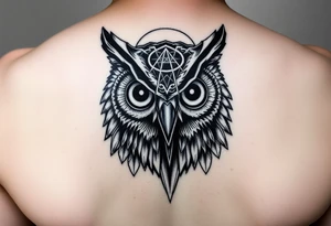 Owl head with large intense tripping on acid colored eyes without pupils, geometry style  and geometry and glowing circle on the forheadl tattoo idea