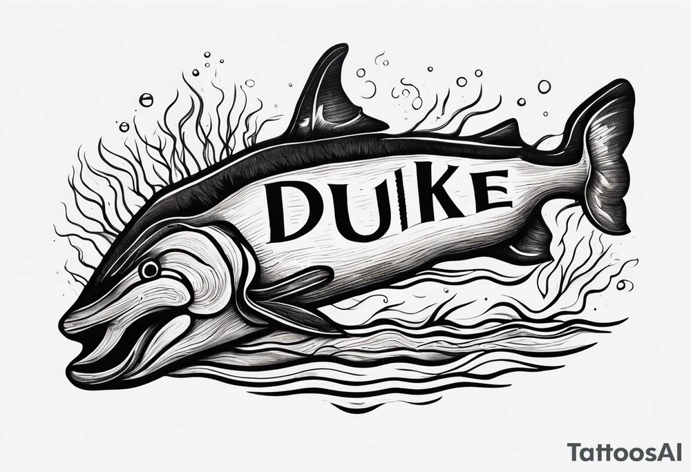 piece of driftwood underwater with duke written in the wood tattoo idea