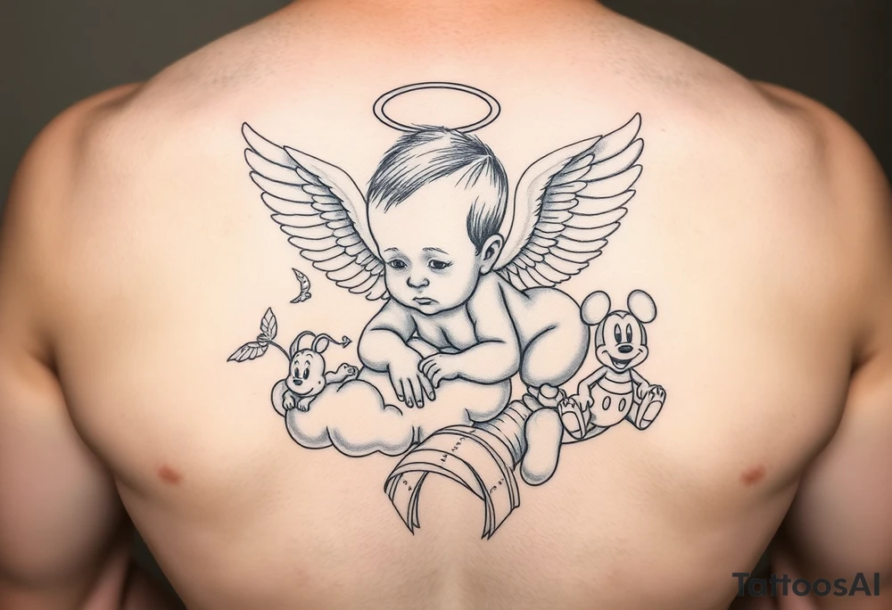 Babyboy with angel wings crawling to clouds and heavens gate surrounded by Disney characters winnie the poo, piglet, eeyor, baby mickey and baby minnie mouse as babies tattoo idea
