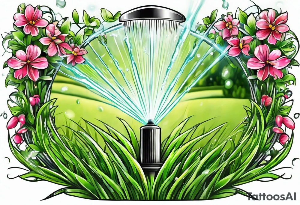 Automatic lawn sprinkler with green grass tattoo idea