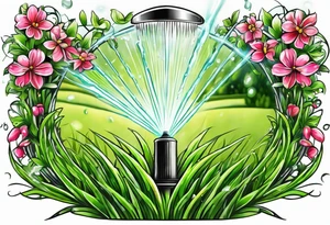 Automatic lawn sprinkler with green grass tattoo idea