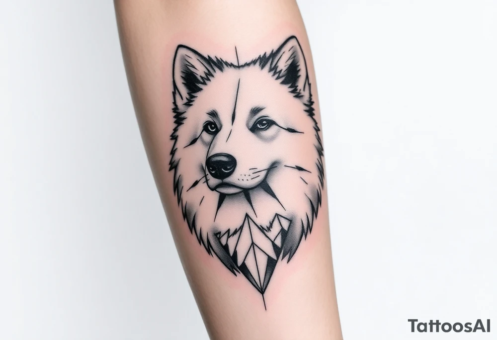 I would like a tattoo in a geometric-realistic style. I want it to depict my dog, a Samoyed (photo attached), combining his face with a design that includes lines, circles, and emotional or symbolic details—like a landscape or a memory connected to him."

If you’d like to customize it more with references to snow, mountains, or other memories, I can tweak it for you! tattoo idea