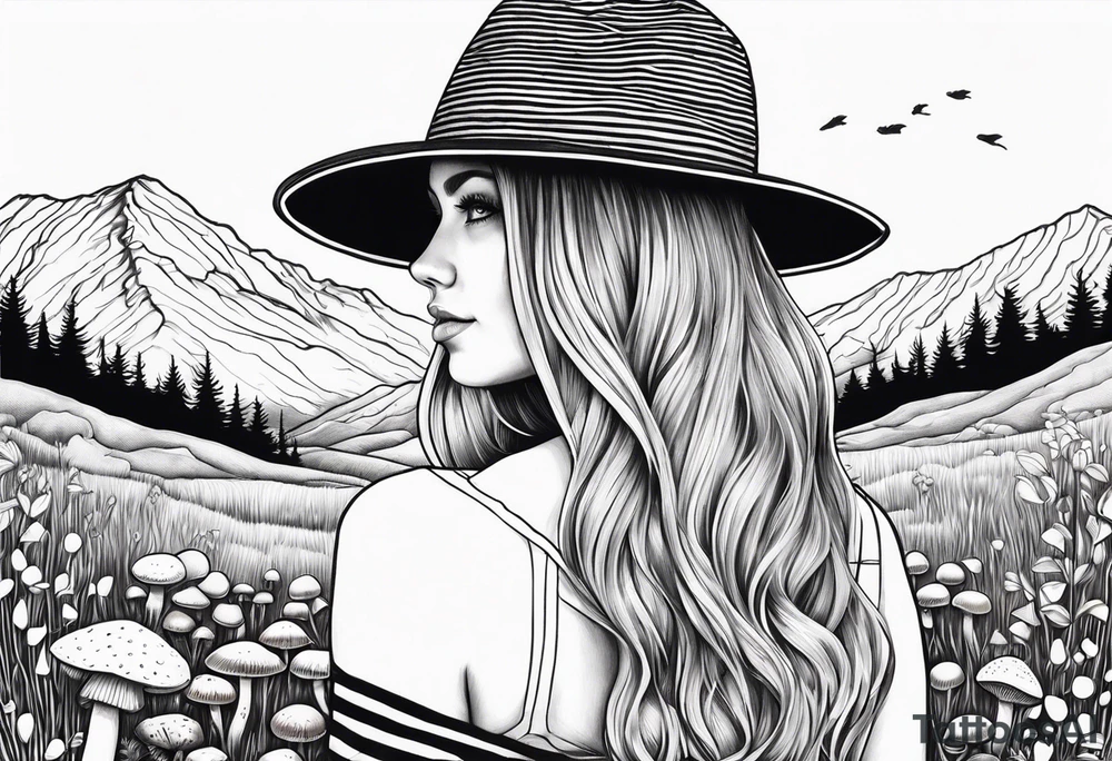 Straight long blonde hair girl in distance holding mushrooms in hand facing away toward mountains surrounded by mushrooms black and white striped dress tattoo idea