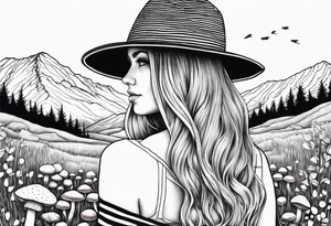 Straight long blonde hair girl in distance holding mushrooms in hand facing away toward mountains surrounded by mushrooms black and white striped dress tattoo idea