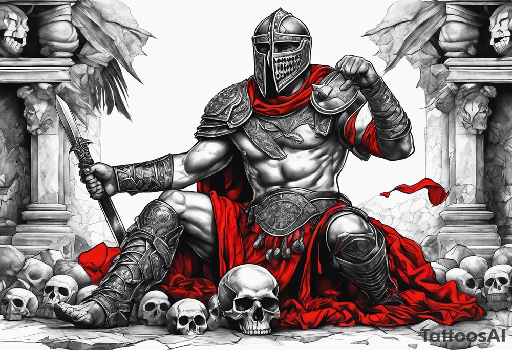 Black and white full body of gladiator, with red clothes, red blood around, skulls and skeletons in the background and on the ground tattoo idea