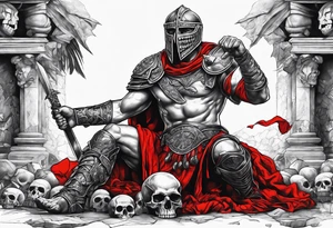 Black and white full body of gladiator, with red clothes, red blood around, skulls and skeletons in the background and on the ground tattoo idea
