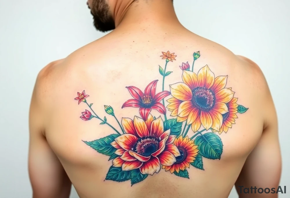 Vintage star gazer lillies wild roses and sunflowers tattoo idea