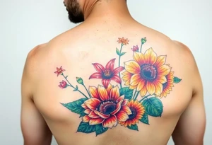 Vintage star gazer lillies wild roses and sunflowers tattoo idea