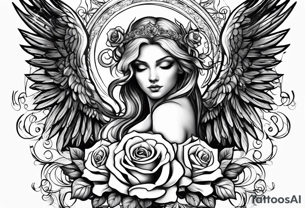 Angel, roses, name MARTINA tattoo idea