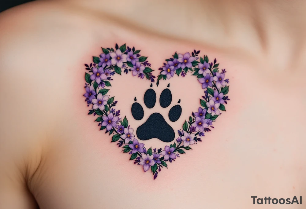 A heart shape made up of small, intricate flowers in shades of violet, lavender, and soft green. Inside the heart, a detailed black paw print silhouette sits, giving the design depth and contrast. The flowers are delicate and look hand-drawn for an organic feel. Violet, Lavender, Soft Green (for flowers), Black (for paw print). tattoo idea