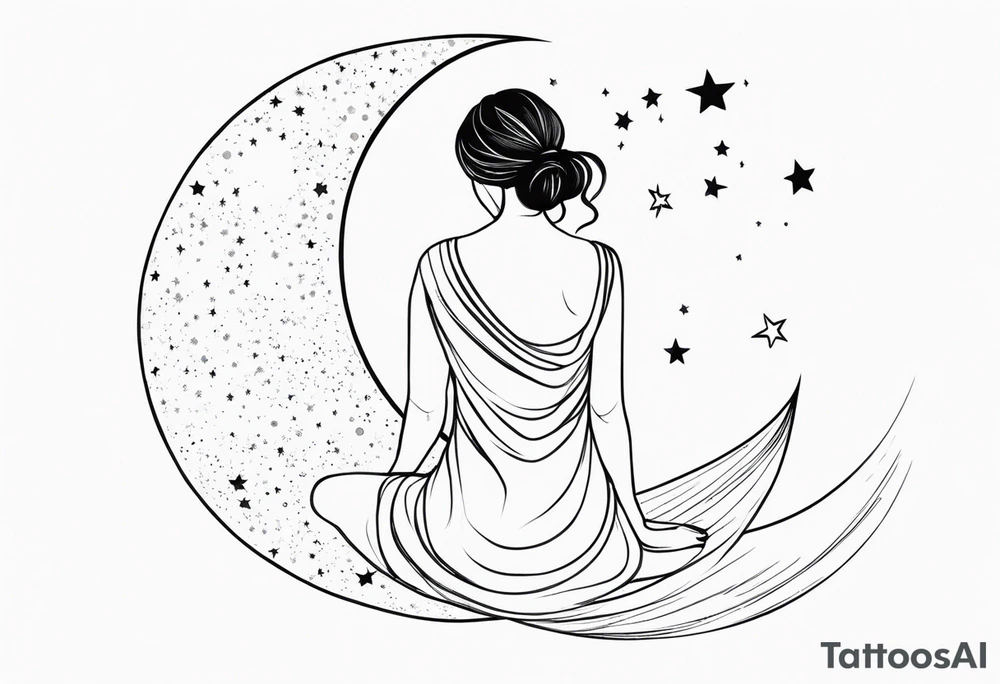 Woman sitting on a moon with opem hair over one shoulder wearing a dress with an open back seen from behind looking up at the stars. tattoo idea