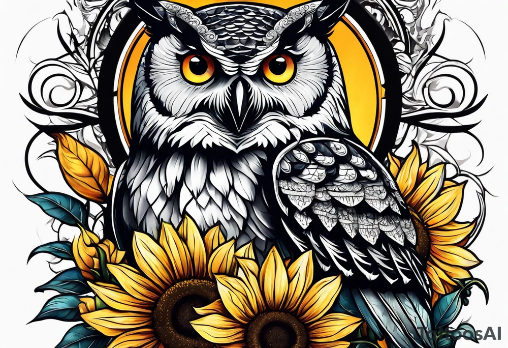 Owl and sunflower sleeve tattoo idea