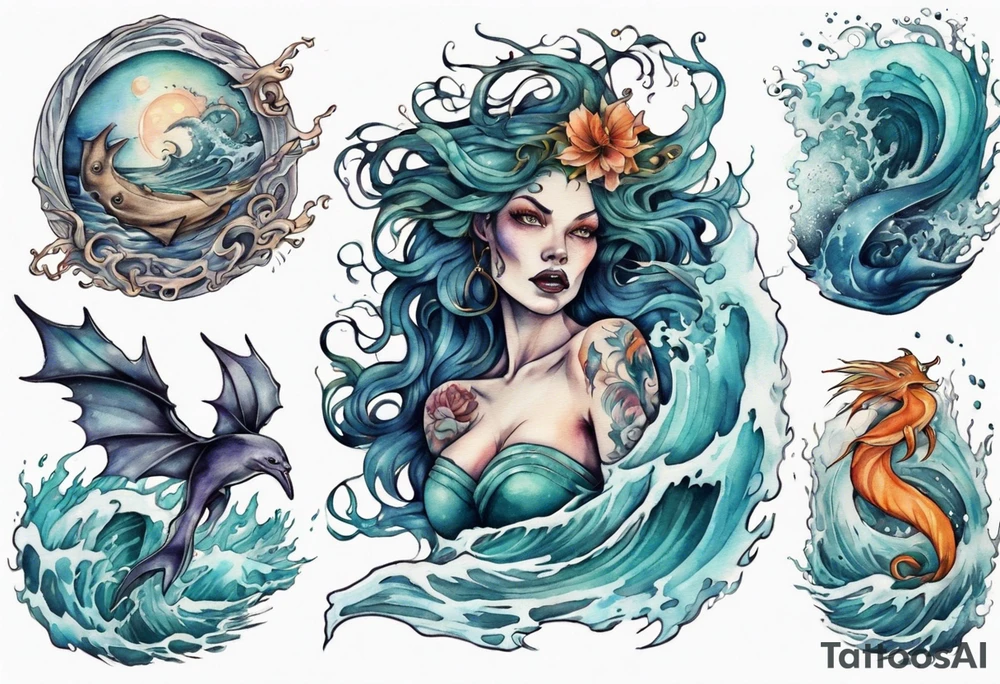 a beautiful sea witch surrounded by crashing waves tattoo idea